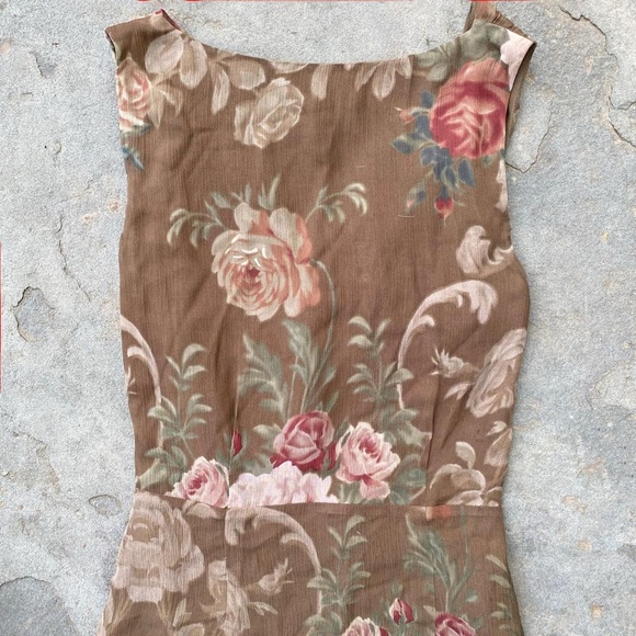 Vintage 1990's Ralph Lauren Brown Silk Floral Crepe Wrap Dress - Picture 4 of 5